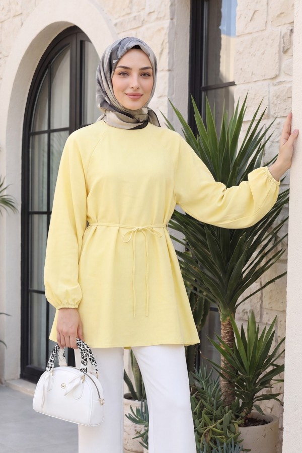Round Neck Tied Waist Balloon Sleeve Tunic  -Light yellow
