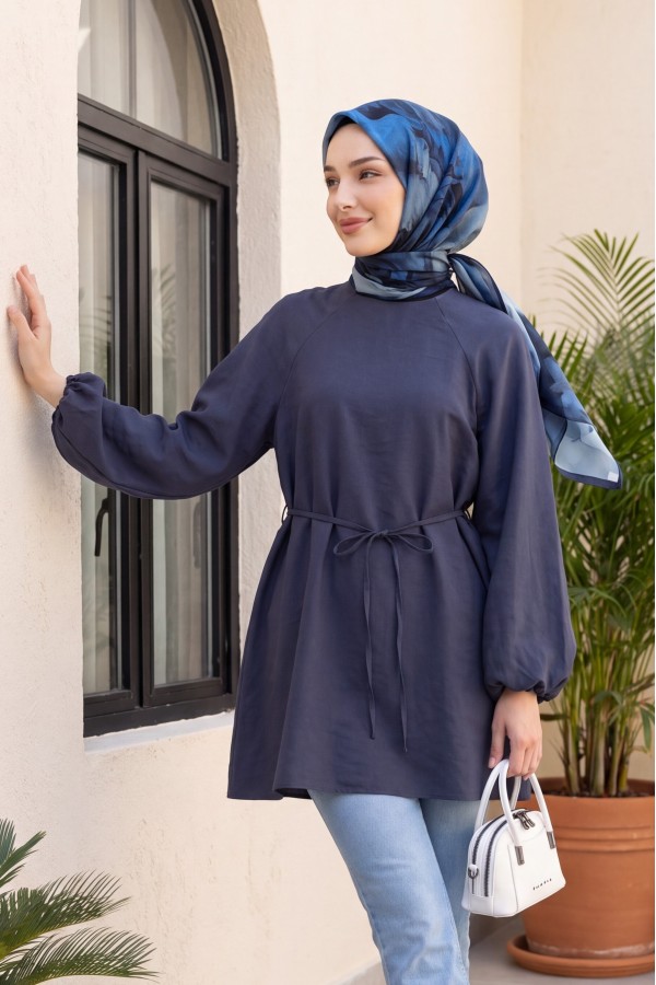 Round Neck Tied Waist Balloon Sleeve Tunic  -parliament