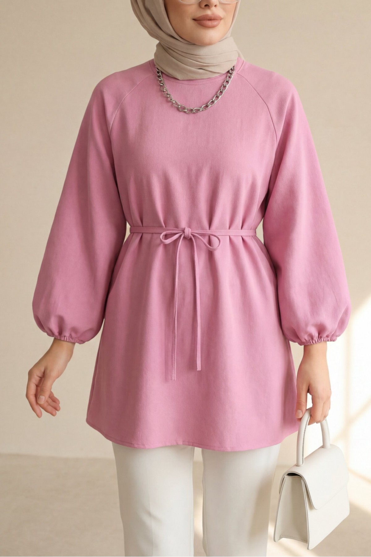 Round Neck Tied Waist Balloon Sleeve Tunic  -Pink