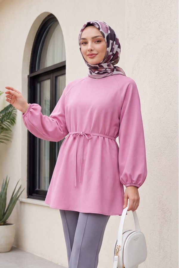 Round Neck Tied Waist Balloon Sleeve Tunic  -Pink