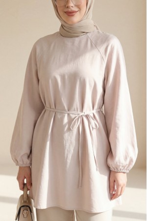 Yuvarlak Yaka Beli Bağcıklı Balon Kol Tunik  -Taş