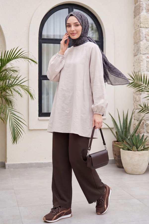 Round Neck Tied Waist Balloon Sleeve Tunic  -Stone