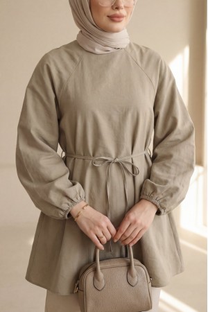 Yuvarlak Yaka Beli Bağcıklı Balon Kol Tunik  -Zeytin