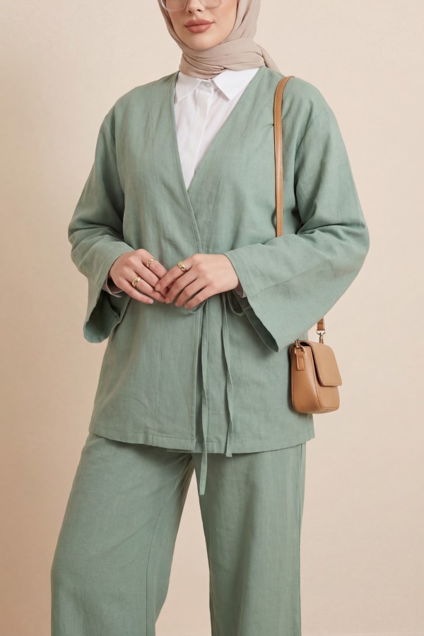 Önden Bağlamalı Pantolonlu Kimono Takım       -Su Yeşili