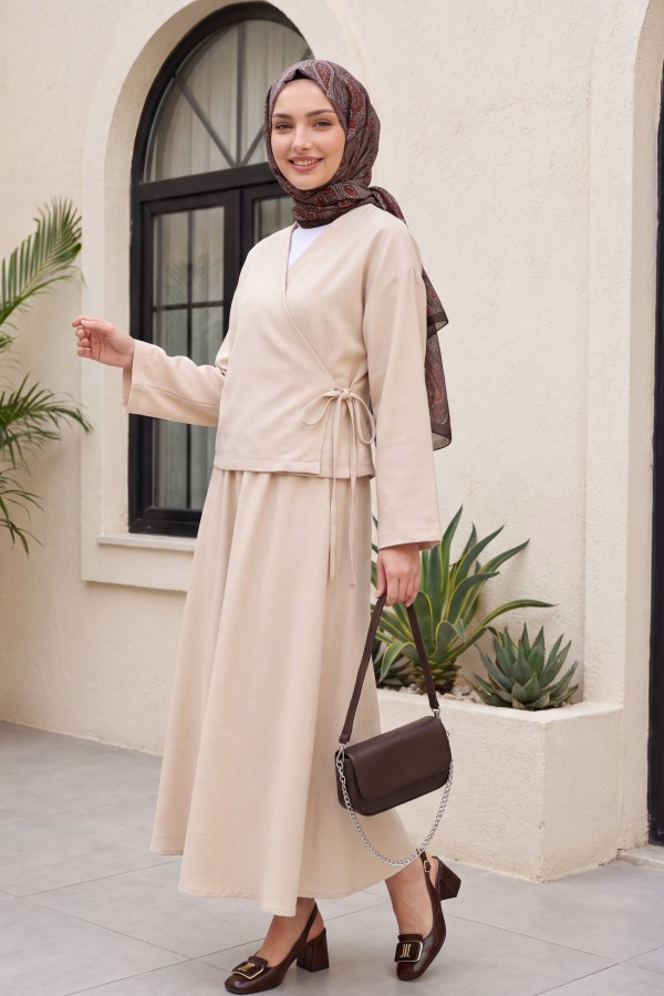 Linen Suit with Side Tie Skirt - Beige