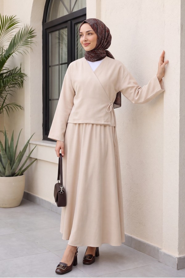 Linen Suit with Side Tie Skirt - Beige