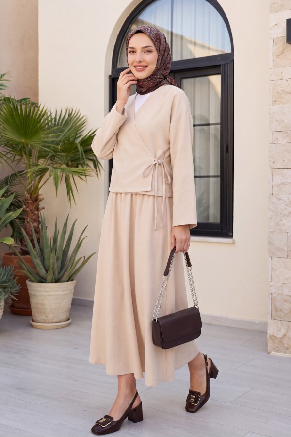 Linen Suit with Side Tie Skirt - Beige