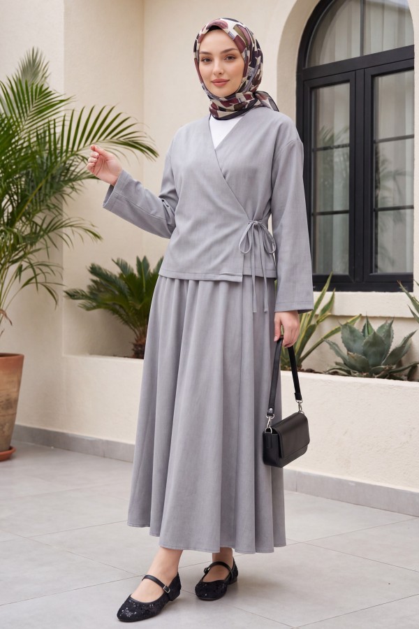 Linen Suit with Side Tie Skirt -Grey