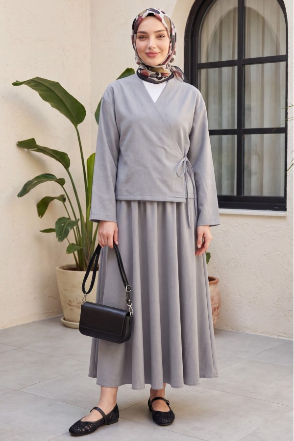 Linen Suit with Side Tie Skirt -Grey