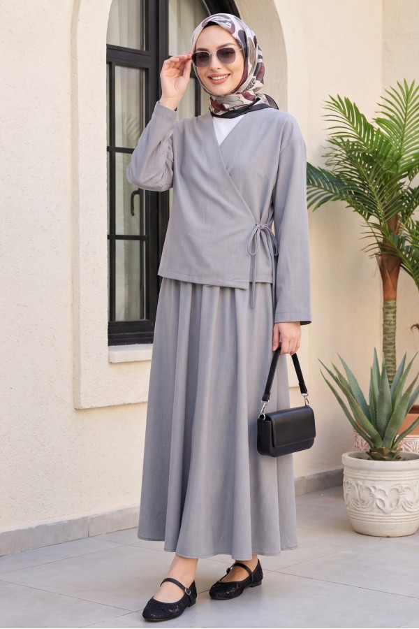 Linen Suit with Side Tie Skirt -Grey