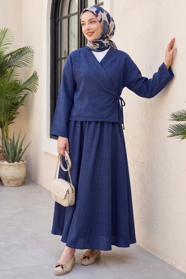 Linen Suit with Side Tie Skirt -Navy blue