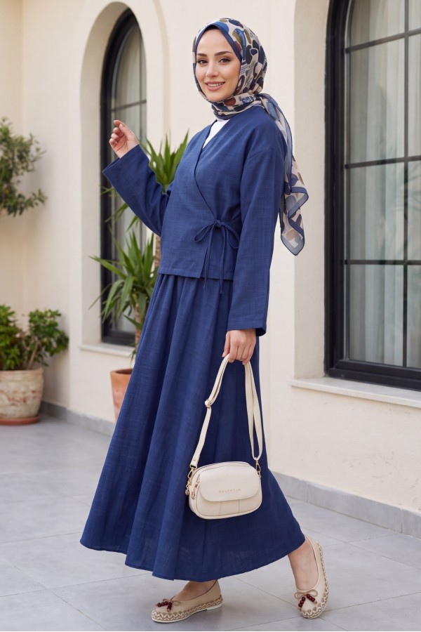 Linen Suit with Side Tie Skirt -Navy blue