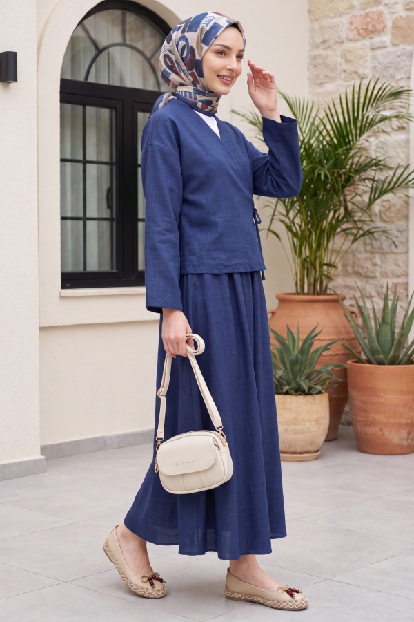 Linen Suit with Side Tie Skirt -Navy blue