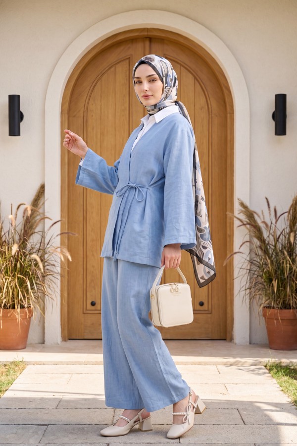 Önden Bağlamalı Pantolonlu Kimono Takım        -Mavi