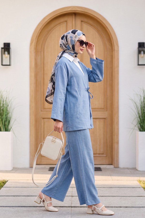 Önden Bağlamalı Pantolonlu Kimono Takım        -Mavi
