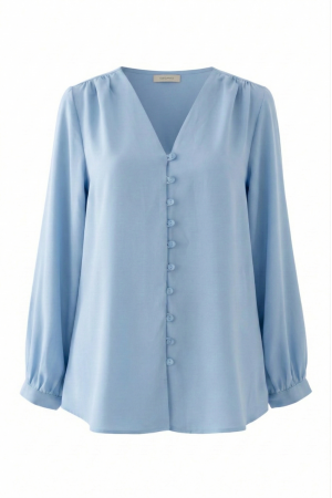 V Yaka Düğmeli Arkası Uzun Gömlek -Bebe Mavi