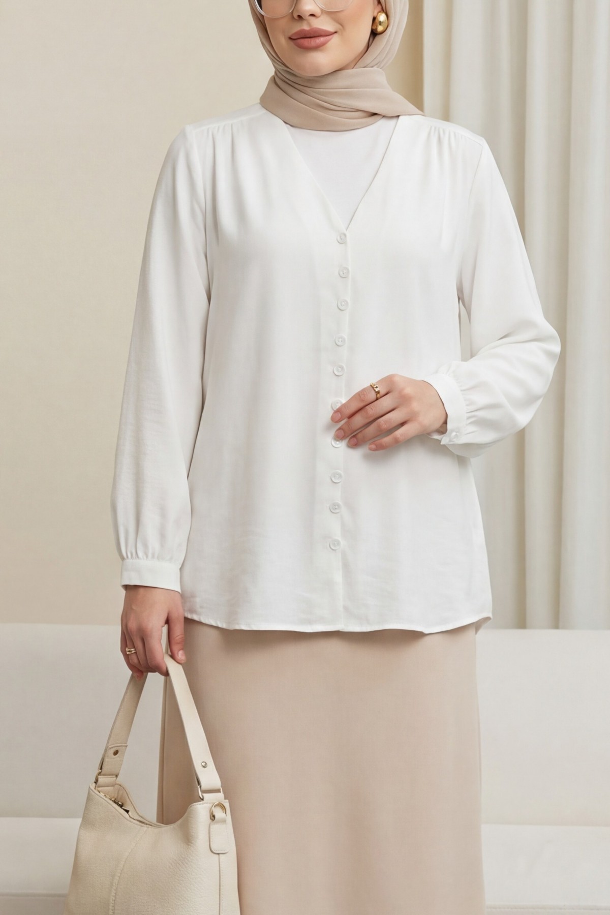 V Neck Buttoned Back Long Shirt -Ecru
