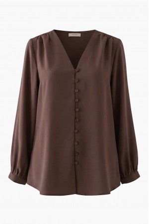 V Yaka Düğmeli Arkası Uzun Gömlek -Kahve