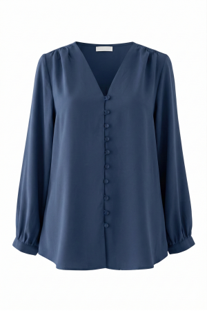 V Yaka Düğmeli Arkası Uzun Gömlek -Laci