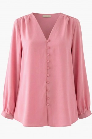 V Yaka Düğmeli Arkası Uzun Gömlek -Pembe