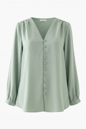V Yaka Düğmeli Arkası Uzun Gömlek -Su Yeşili