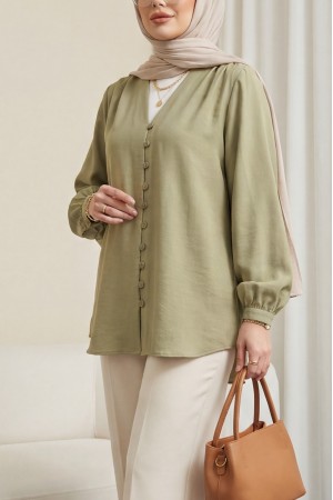 V Yaka Düğmeli Arkası Uzun Gömlek -Zeytin