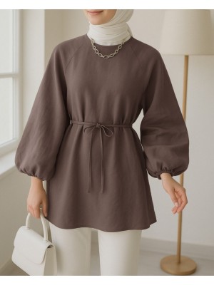 Yuvarlak Yaka Beli Bağcıklı Balon Kol Tunik  -Açık Kahve