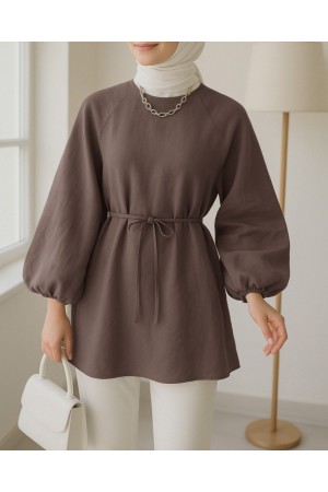 Round Neck Tied Waist Balloon Sleeve Tunic  -Light coffee