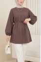 Round Neck Tied Waist Balloon Sleeve Tunic -Light coffee