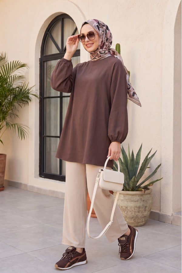 Round Neck Tied Waist Balloon Sleeve Tunic  -Light coffee