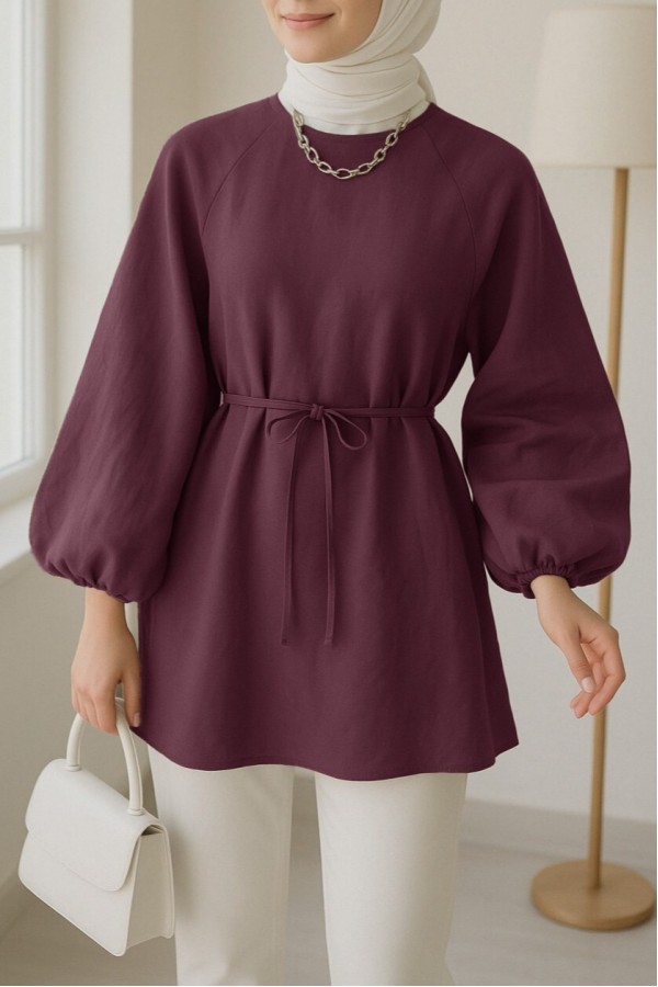 Round Neck Tied Waist Balloon Sleeve Tunic   -Maroon
