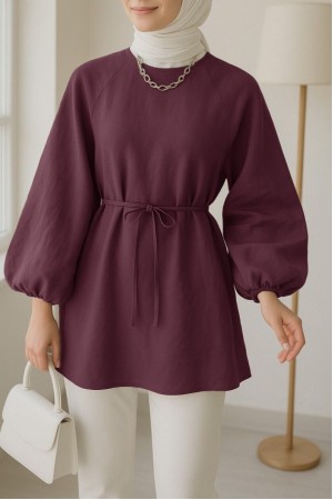 Yuvarlak Yaka Beli Bağcıklı Balon Kol Tunik   -Bordo