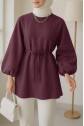 Round Neck Tied Waist Balloon Sleeve Tunic -Maroon