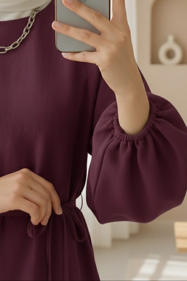 Round Neck Tied Waist Balloon Sleeve Tunic   -Maroon