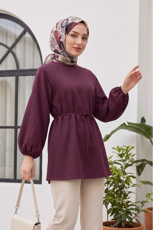 Round Neck Tied Waist Balloon Sleeve Tunic   -Maroon