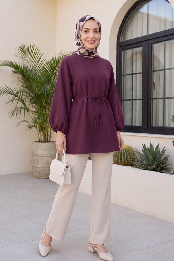 Round Neck Tied Waist Balloon Sleeve Tunic   -Maroon