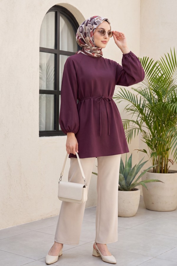Round Neck Tied Waist Balloon Sleeve Tunic   -Maroon