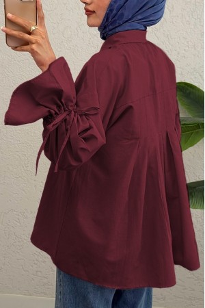 Kolu Büzgülü Arkası Piliseli Gömlek  -Bordo