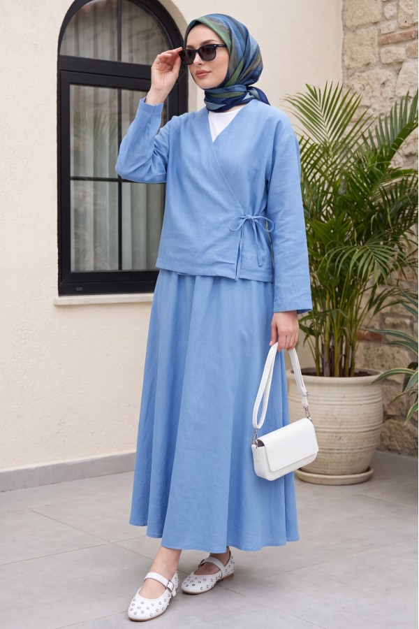 Linen Suit with Side Tie Skirt  -Light blue