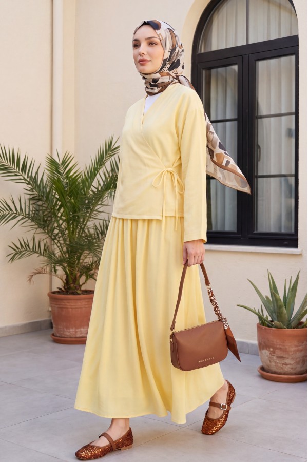 Linen Suit with Side Tie Skirt  -Light yellow