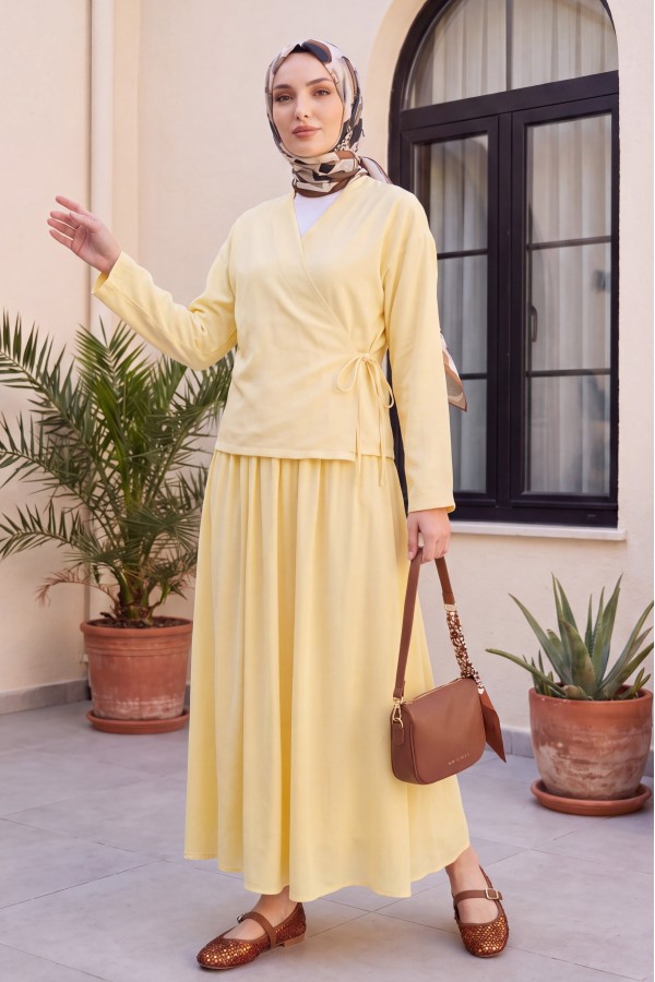 Linen Suit with Side Tie Skirt  -Light yellow