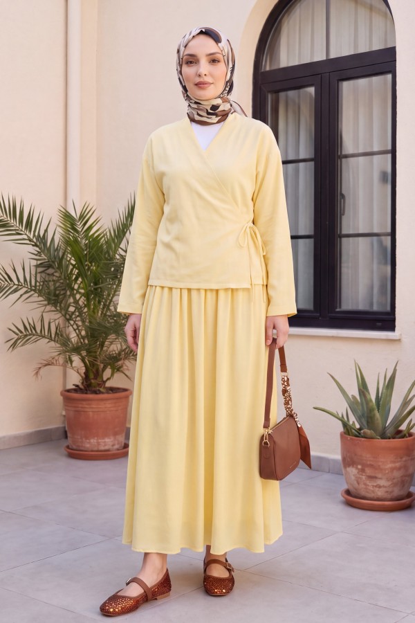 Linen Suit with Side Tie Skirt  -Light yellow
