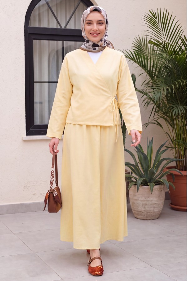 Linen Suit with Side Tie Skirt  -Light yellow