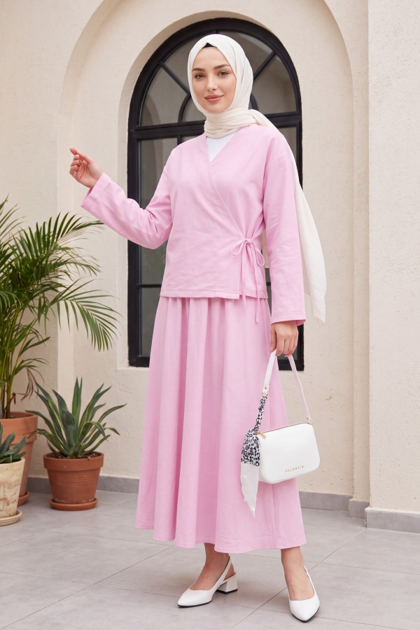 Linen Suit with Side Tie Skirt  -Powder