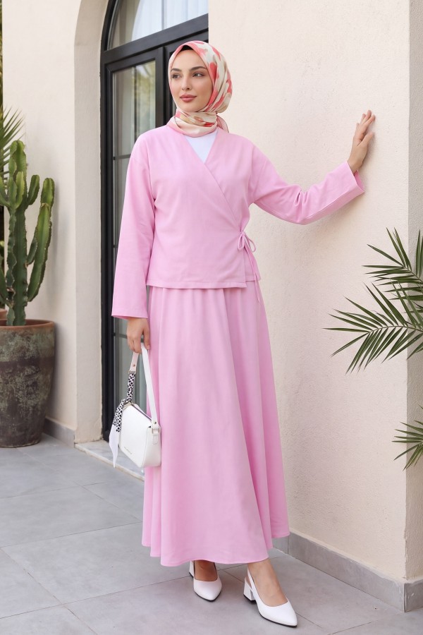 Linen Suit with Side Tie Skirt  -Powder