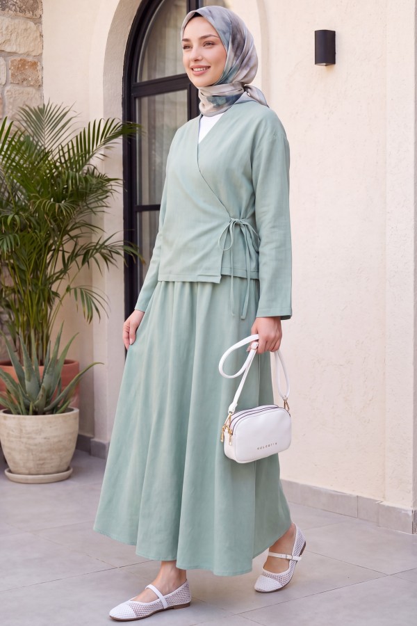 Linen Suit with Side Tie Skirt  -Sea green
