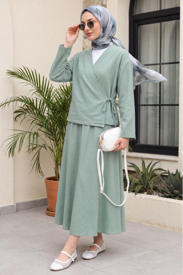 Linen Suit with Side Tie Skirt  -Sea green