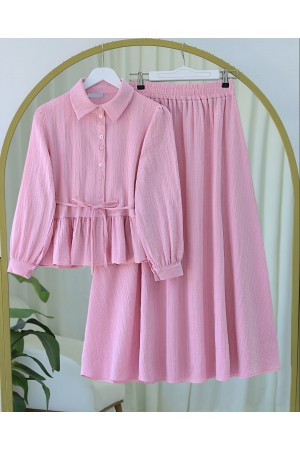 Skirt Suit with Frilled Buttons and Tied Waist -Pink