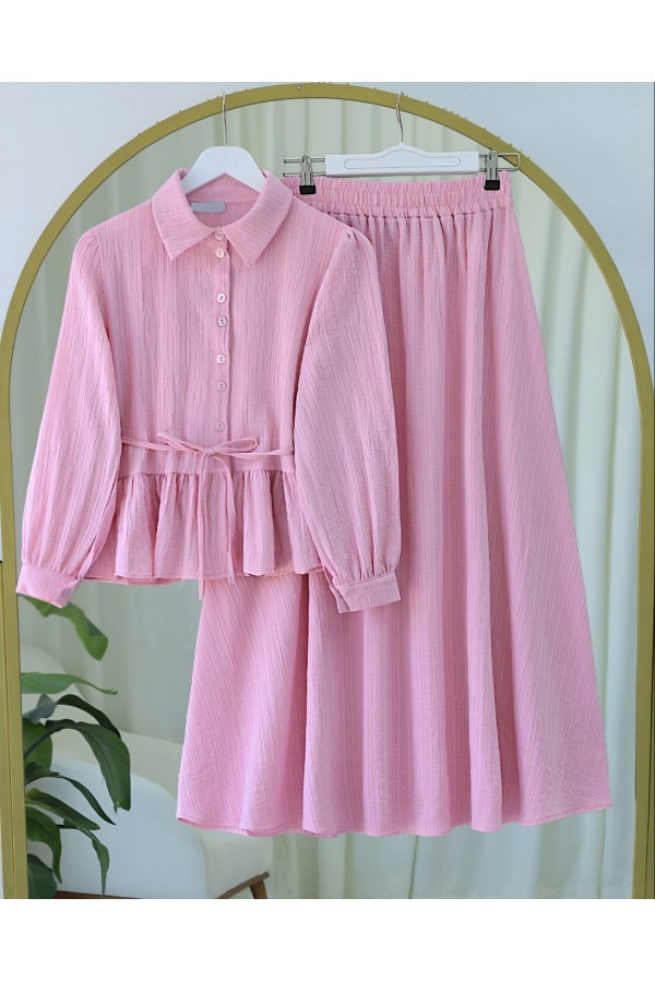 Eteği Fırfırlı Düğmeli Beli Bağcıklı Etekli Takım -Pembe