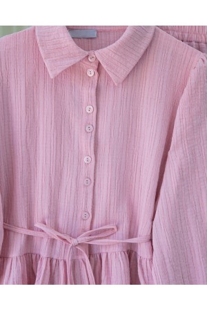Skirt Suit with Frilled Buttons and Tied Waist -Pink